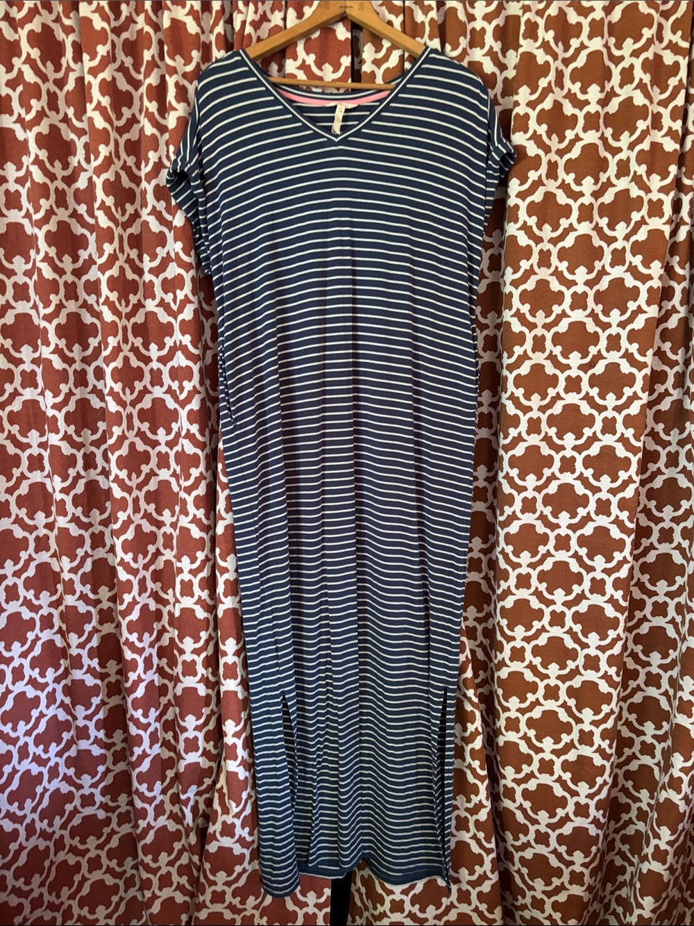 Matilda Jane Dark Teal and Ivory Striped V-Neck Maxi Dress